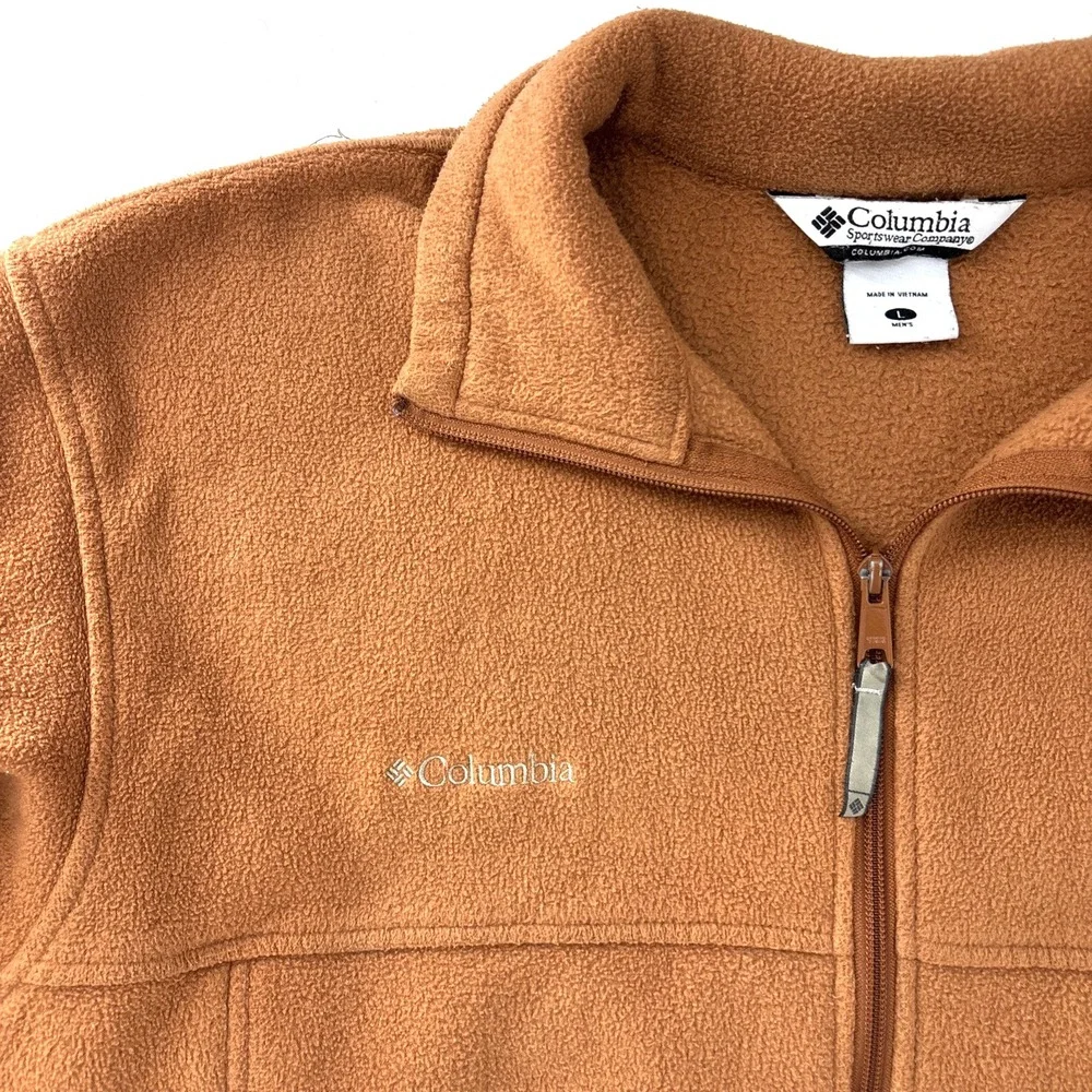 Columbia Fleece Jacket Mens Large Brown Embroidery Full‎ Zip Pockets Vintage
